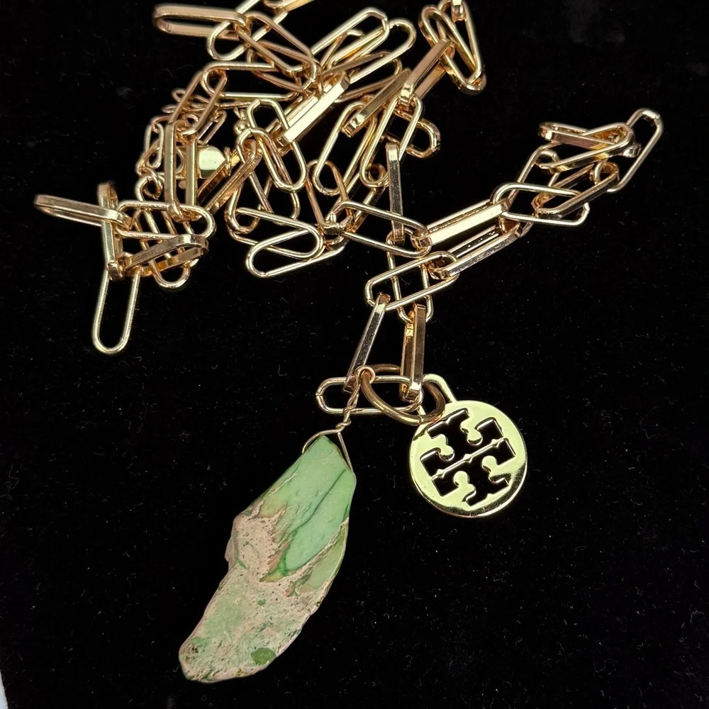 Goldtone chunky chain green statement stone and a Tory Burch charm 34” necklace